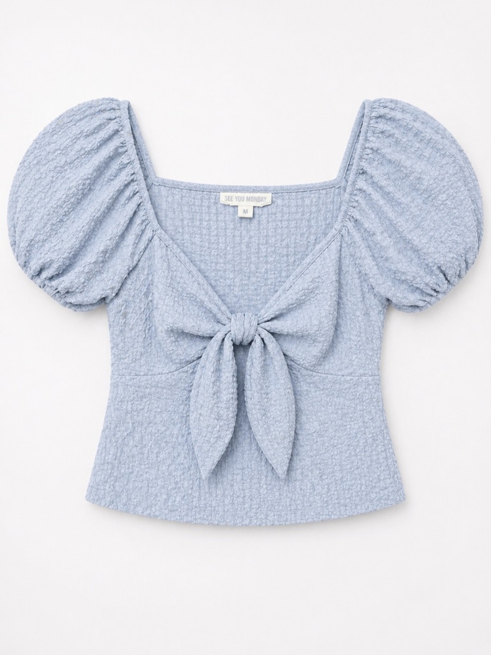 See You Monday Powder Blue Puff-Sleeve Tie-Front Crop Top (226)